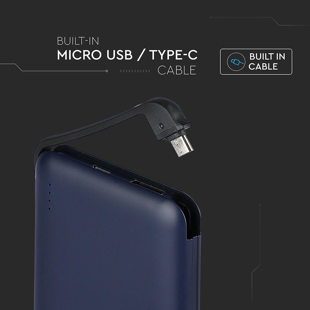 Power Bank z przyłączem Mikro USB, Litowo Polimerowy - 3.7V, 5000mAh, Niebieski, VTAC, SKU 8868