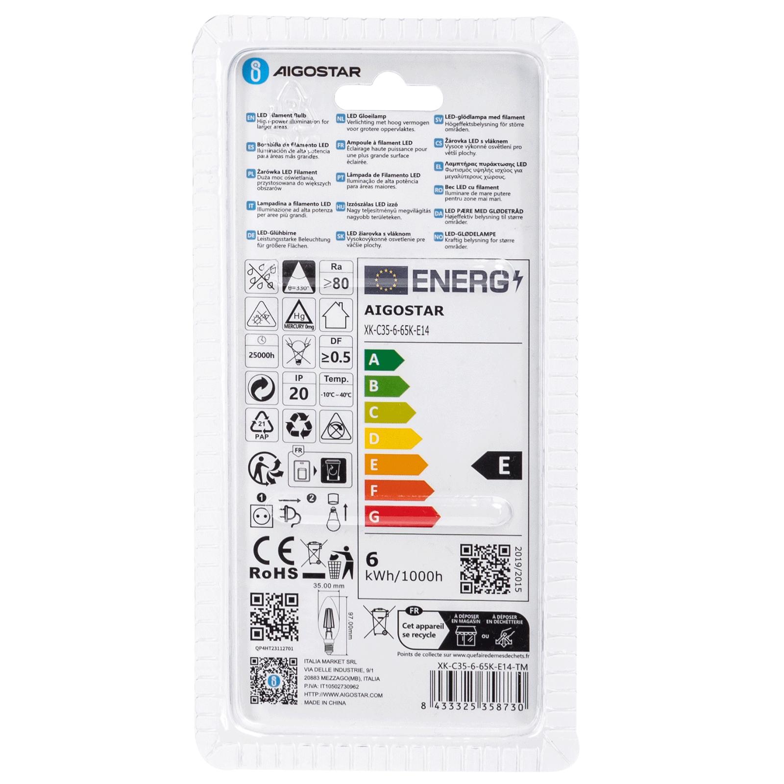 LED Filament Bulb (Clear) C35 E14 6W