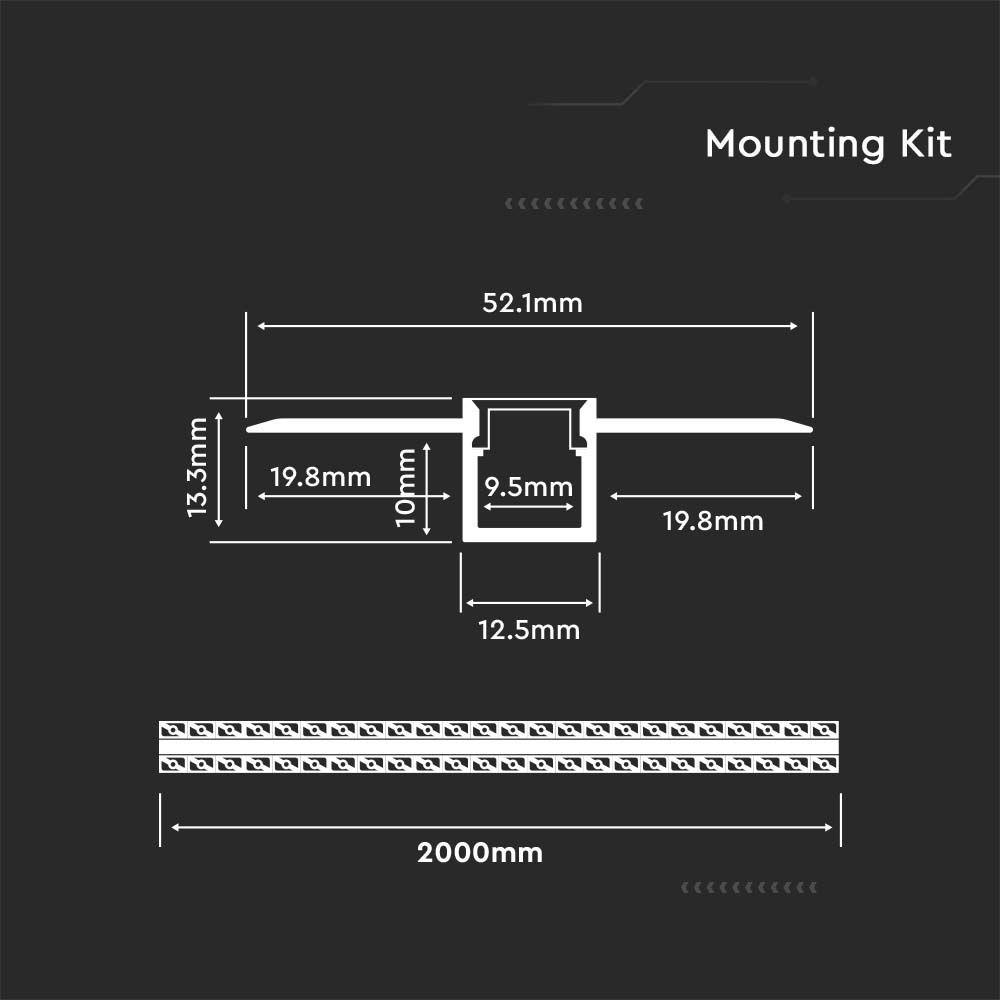 Profil Aluminiowy do paska LED wpuszczany do zabudowy karton gips, 2000x52.1x13.3mm, Klosz: Mleczny, Kolor: Aluminium, VTAC, SKU 3360