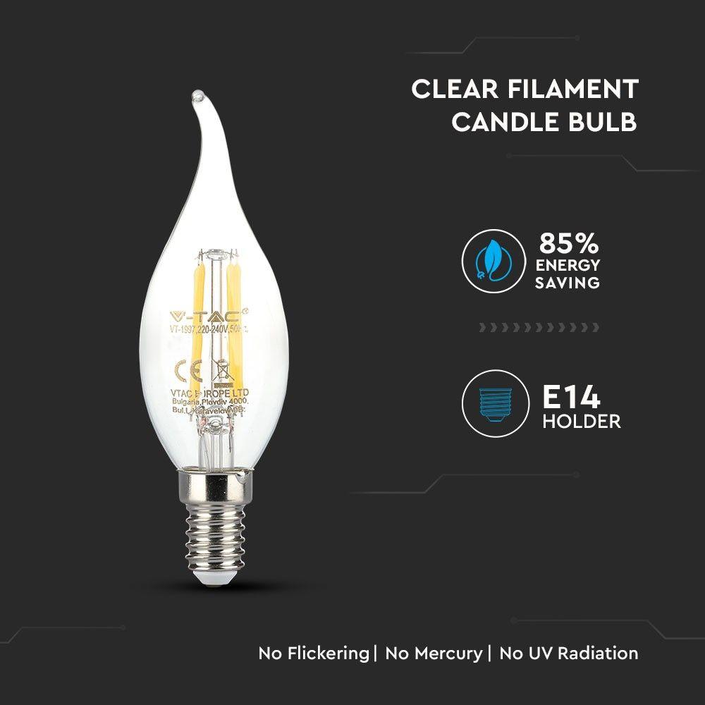 4W CF37 Żarówka LED Filament, Klosz Transparentny, Chip SAMSUNG, Barwa:2700K, Trzonek:E14, VTAC, SKU 275