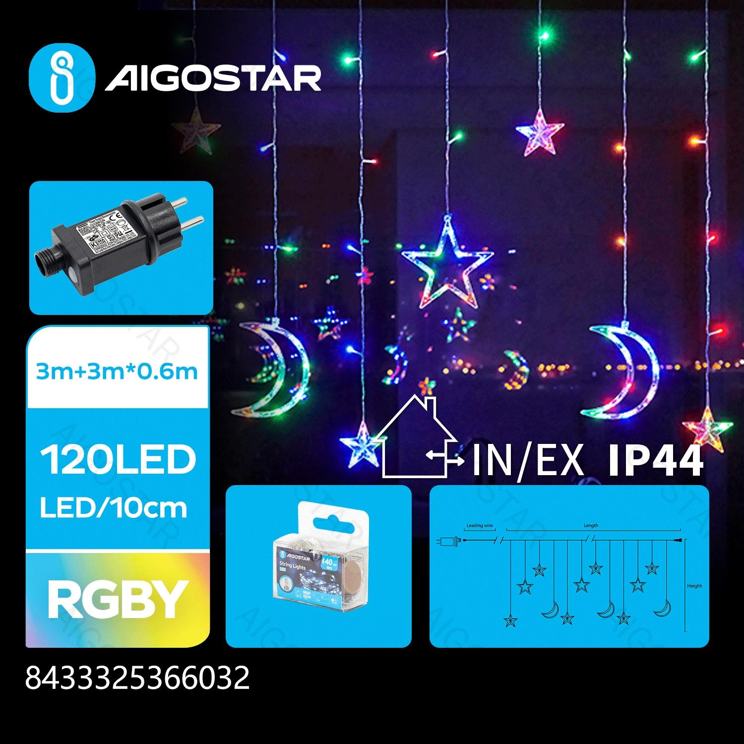 Low voltage connectable string lights, stars and moons (wave),RGBY, 3m+3m*0.6m, 12strips