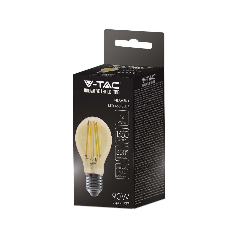 12W A70 Żarówka LED Filament, Klosz Bursztynowy, Barwa:2200K, Trzonek:E27, VTAC, SKU 217457