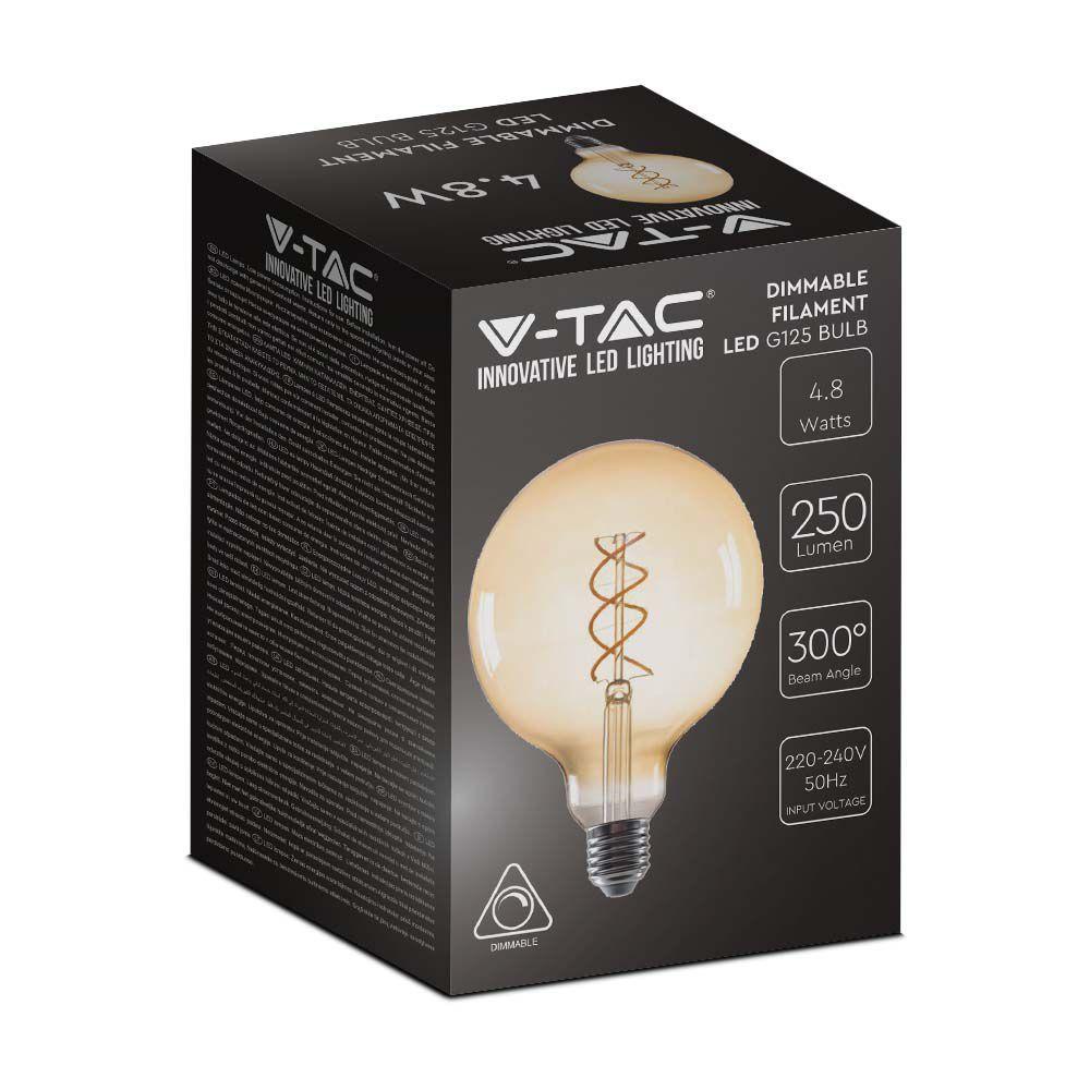 4.8W Żarówka LED G125 Filament, Barwa:2200K, Klosz Bursztynowy, Trzonek:E27, VTAC, SKU 217415