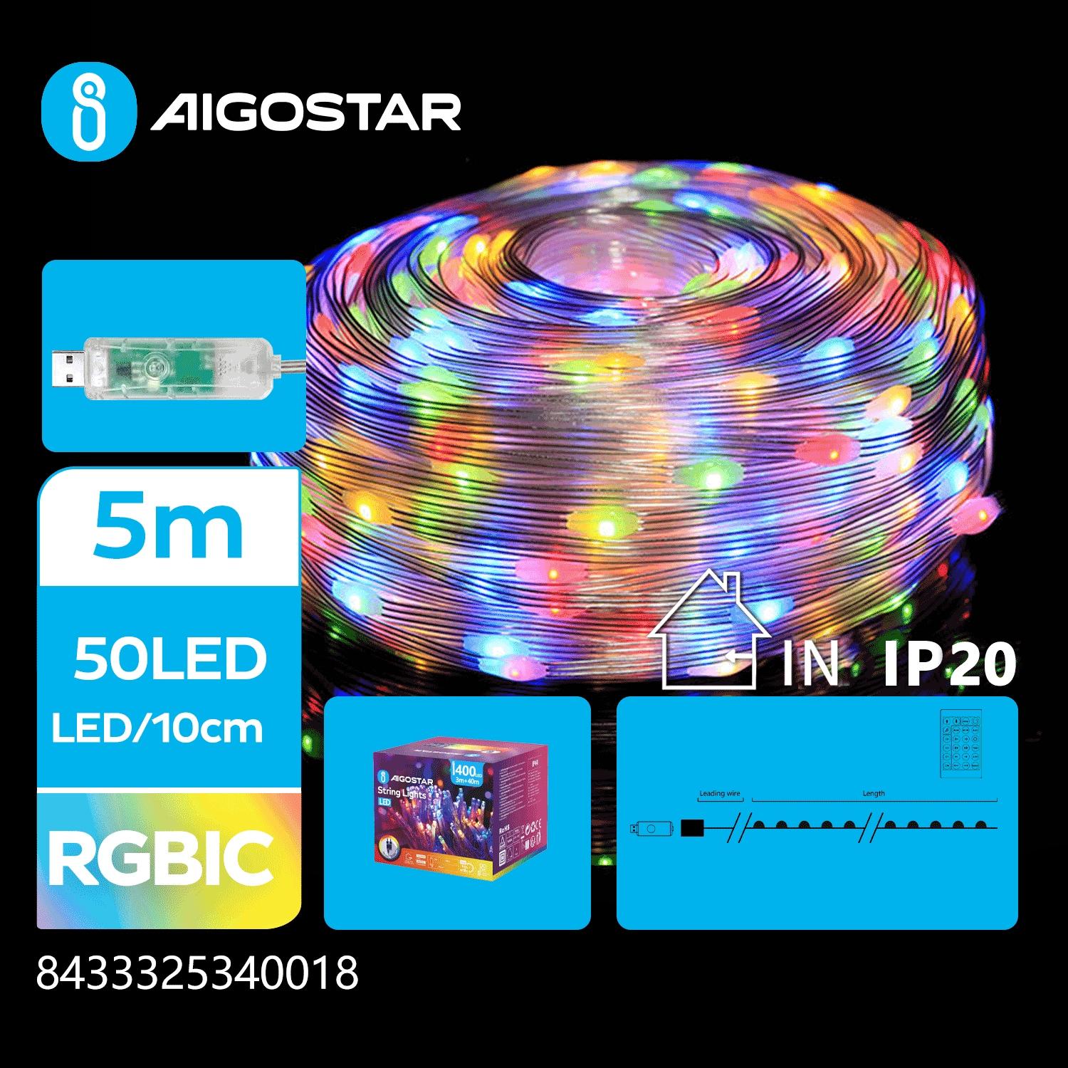 USB string lights (PVC & copper), RGBIC, 5m