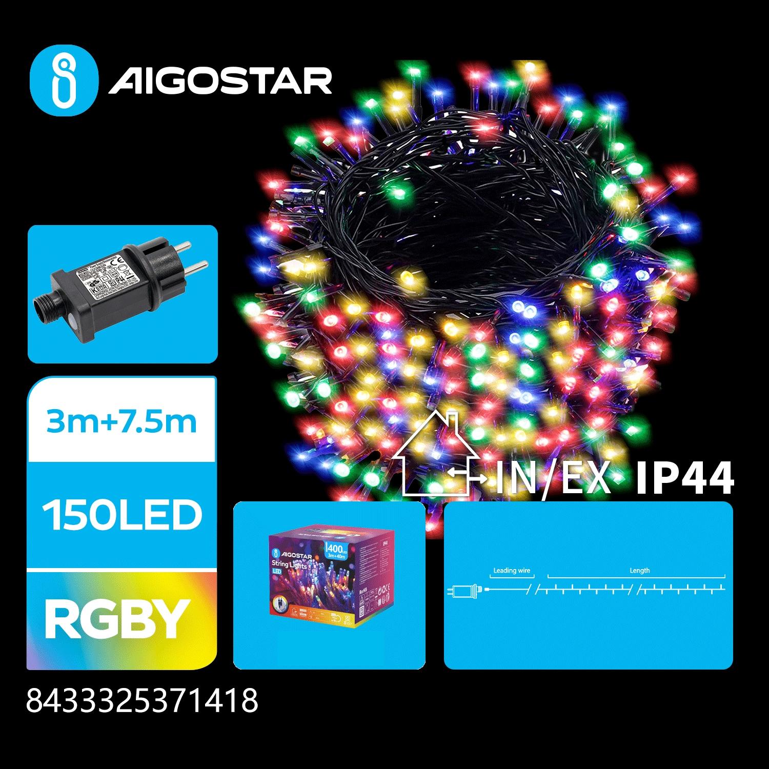 Low Voltage Flat String Lights-RGBY-3M+7.5M-150LED-5CM/LED-green black wire-8blink+time+IP44