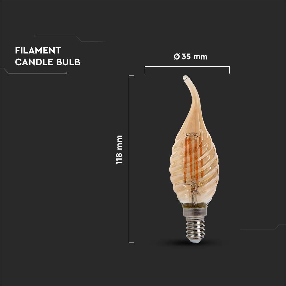 4W C35 Żarówka LED Filament, Klosz: Bursztynowy kręcony płomyk, Barwa:2200K, Trzonek:E14, VTAC, SKU 217116