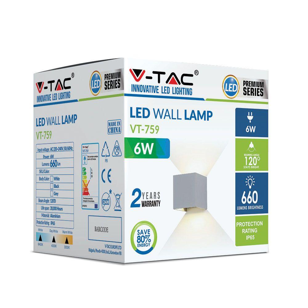 6W Kinkiet kwadrat LED, CHIP BRIDGELUX, Barwa:3000K, Szary, VTAC, SKU 7080