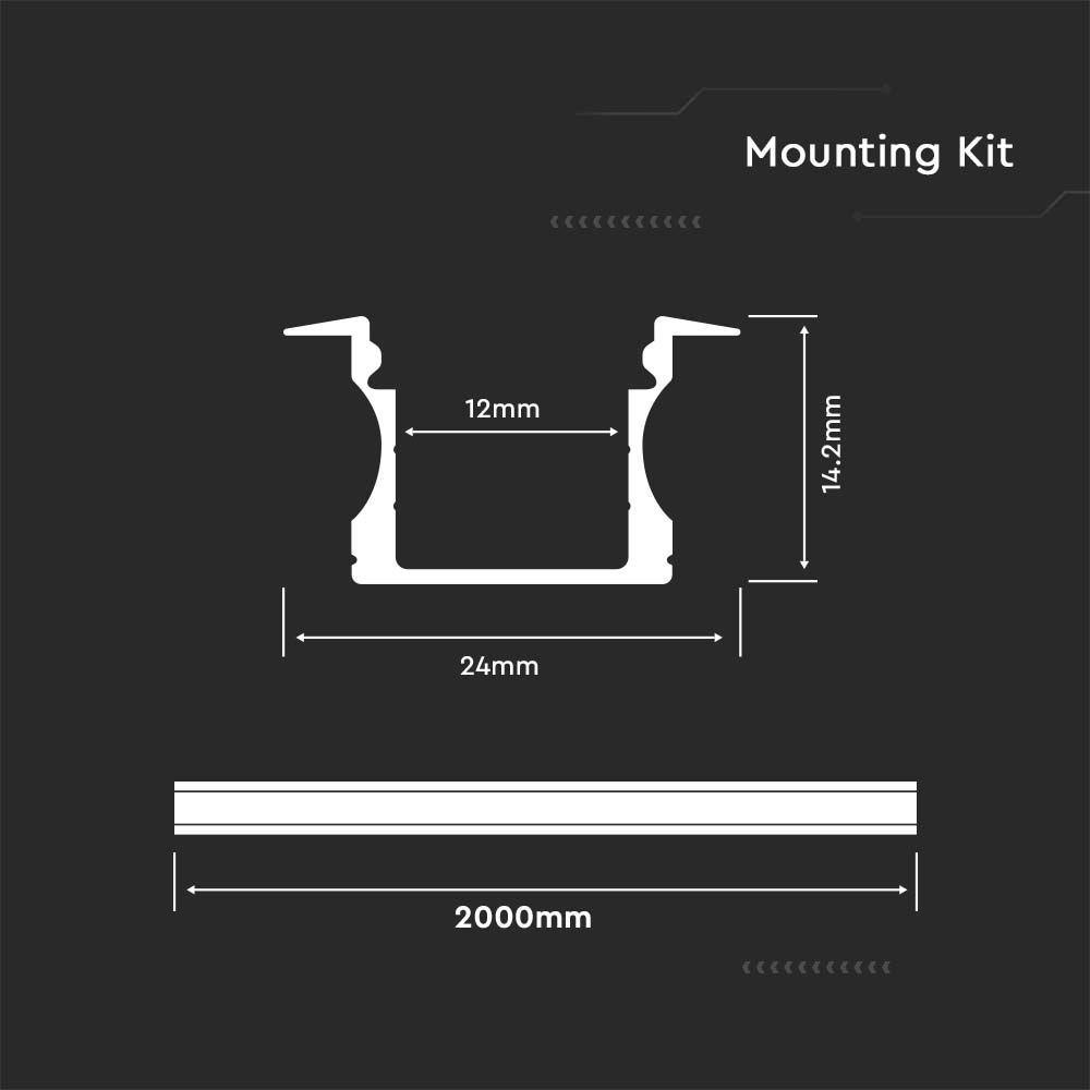 Profil Aluminiowy do paska LED wpuszczany/ 2000mmx23mmx15.5mm, Klosz: Mleczny, Kolor: Aluminium, VTAC, SKU 3351