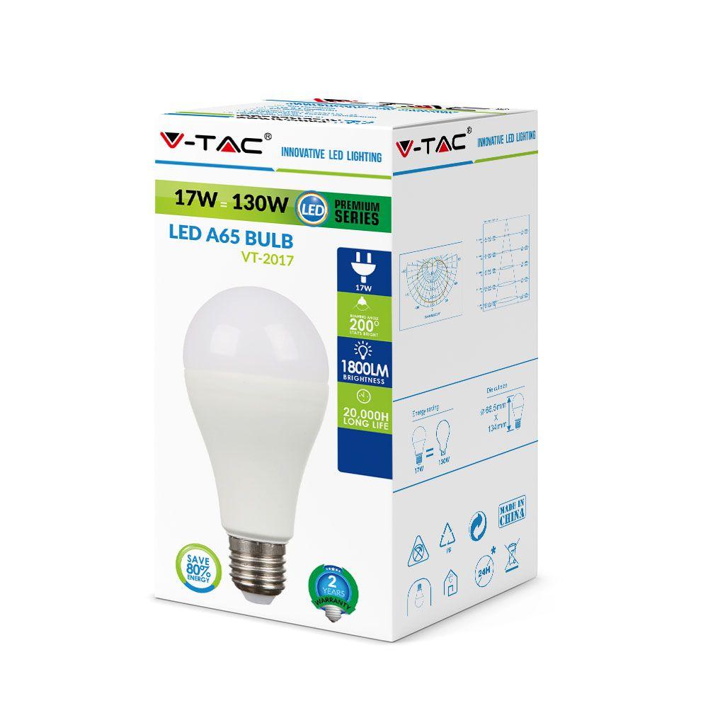 17W A65 Żarówka LED, Barwa:2700K, Trzonek:E27, VTAC, SKU 4456