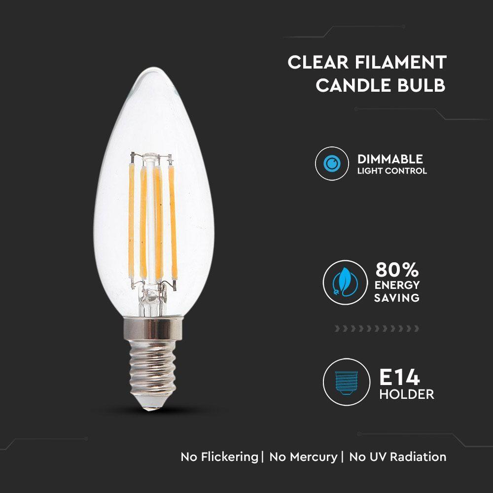 4W C35 Żarówka LED Filament, Barwa:2700K, Ściemniana, Trzonek:E14, VTAC, SKU 4365