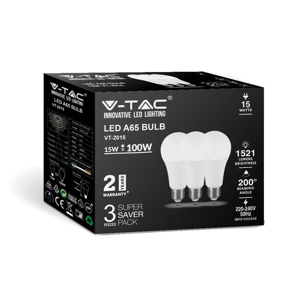 15W A65 Żarówka LED, Barwa:6500K, Trzonek: E27, Opakowanie: 3szt., VTAC, SKU 212818