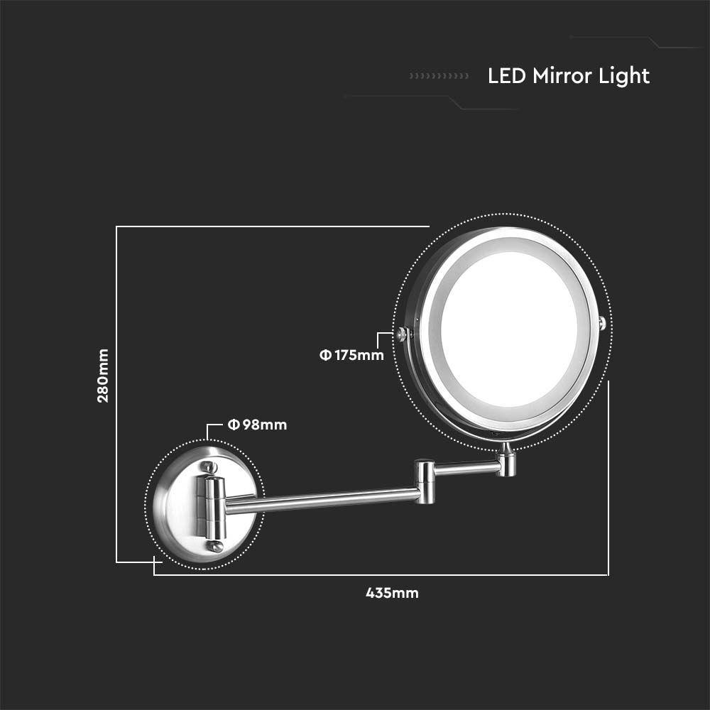 3W Lusterko kosmetyczne ścienne z podświetleniem LED, Zasilanie: 4xAAA, Barwa:6400k, VTAC, SKU 6628