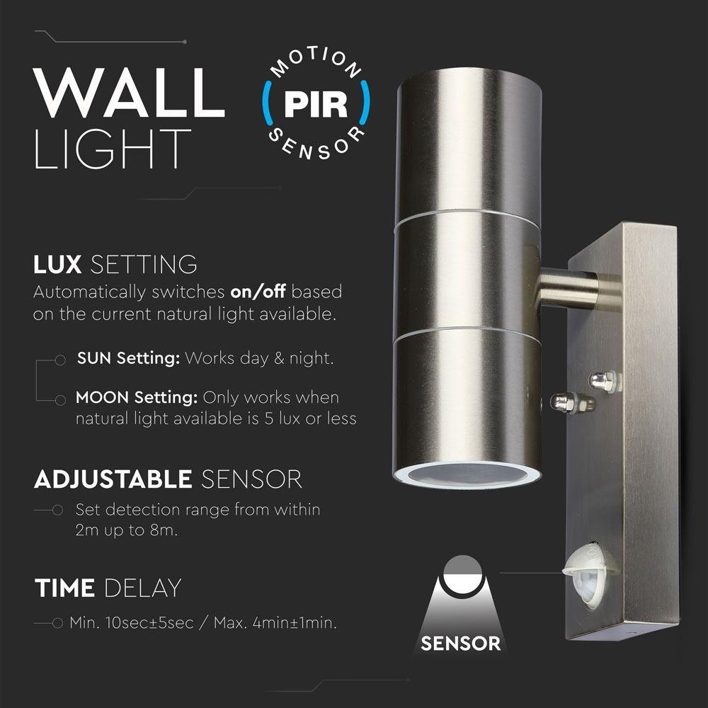 VT-7622 2 WAY GU10 WALL FITTING WITH PIR SENSOR,STAINLESS STEEL BODY - IP44