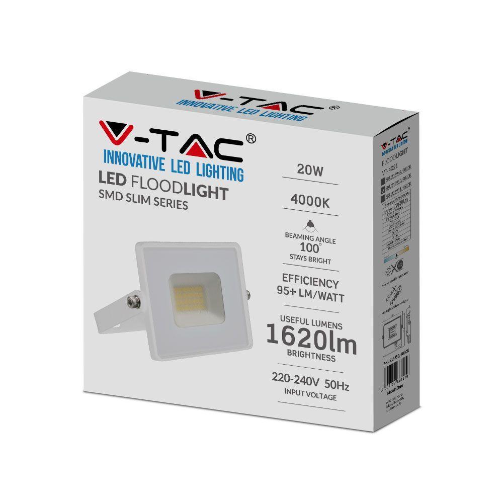 20W Naświetlacz LED SMD, Barwa:4000K, Obudowa: Biała, VTAC, SKU 215950