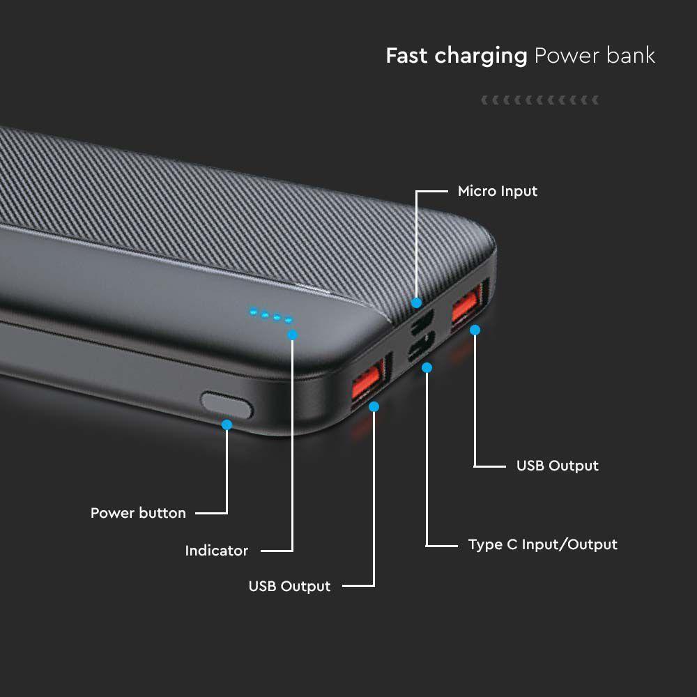 Power Bank 2xUSB + typ: C, Micro USB, Szybkie ładowanie, Litowo Polimerowy - 10000mAh, Czarny, VTAC, SKU 7831