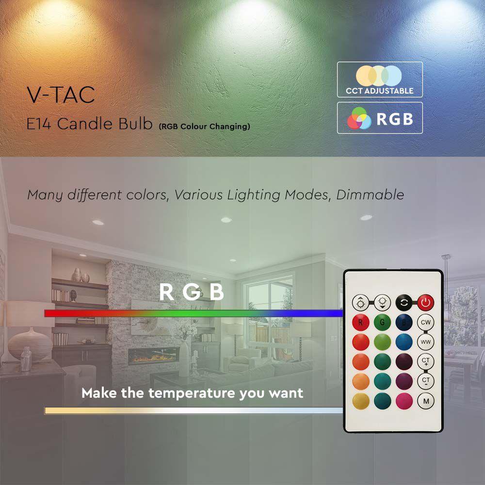 4.8W C35 Żarówka LED sterowana pilotem, Barwa:RGB+4000K, Ściemniana, Trzonek:E14, VTAC, SKU 2929