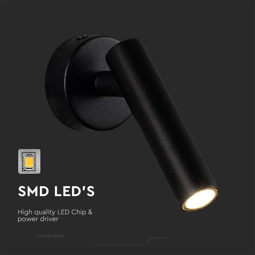 2W Lampa naścienna Spotlight LED, Barwa: 4000K, Obudowa: Czarna      , VTAC, SKU 10291