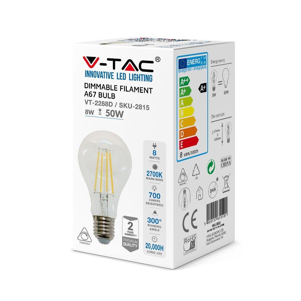 8W A67 Żarówka LED Filament, Barwa:2700K, Ściemniana, Trzonek:E27, VTAC, SKU 2815