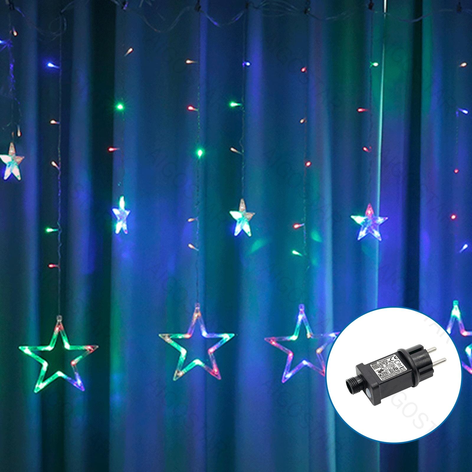 Tandem curtain Solar Icicle(Wave) Flat String Lights Star pendant-RGBY-3M+3M*0.6M-120LED-12string 60.40-transparent wire-8blink+time with control+IP44