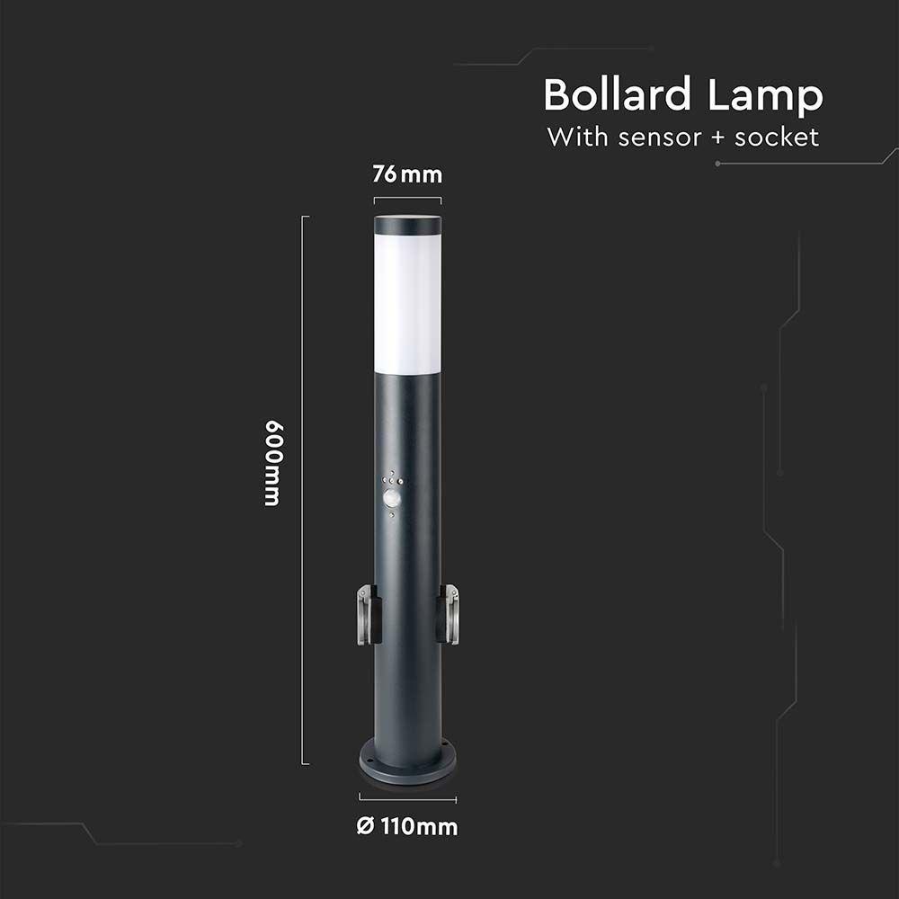 Lampa BOLLARD, Obudowa: Stal nierdzewna z PIR i gniazdem, Wysokość: 60cm, Gniazdo: E27, IP44, Kolor: Szary, VTAC, SKU 8976