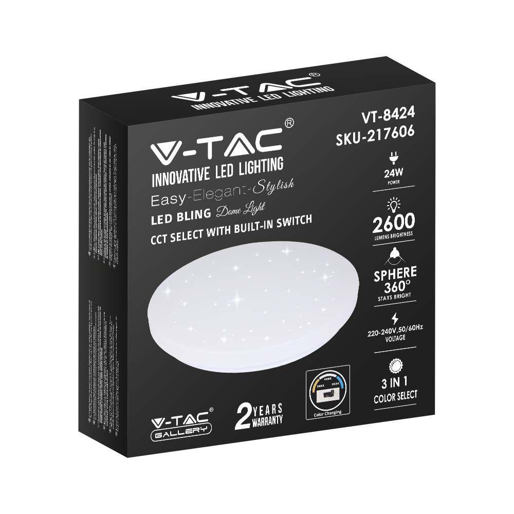 24W Plafon LED DOME, Średnica: 350, Klosz: Efekt gwiazdek, Barwa:3w1, VTAC, SKU 217606