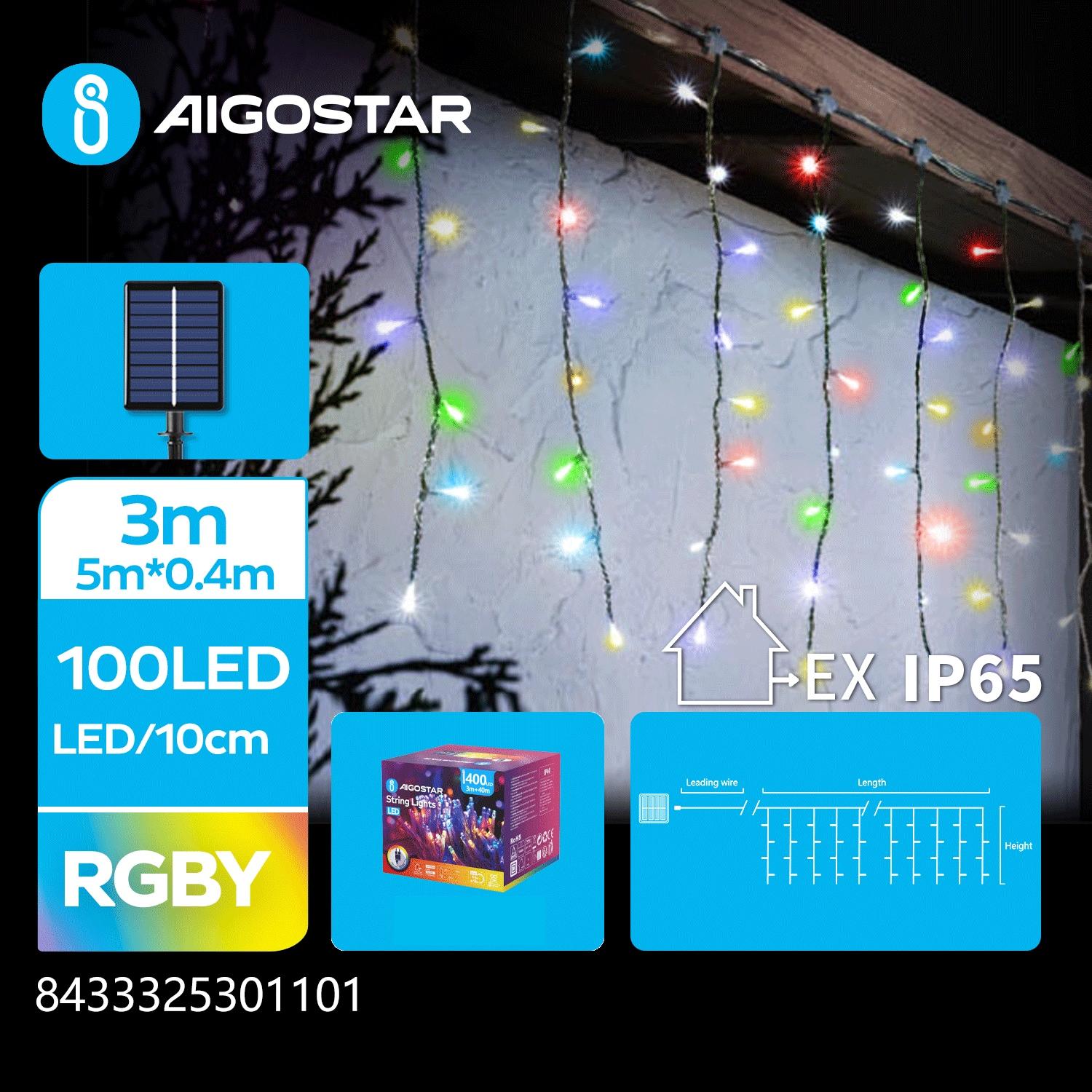 Solar icicle (flush) flat string lights, RGBY, 3m+5m*0.4m