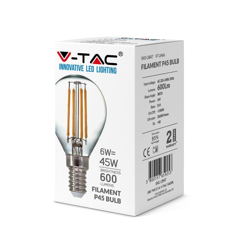 VT-2466 6W P45 LED FILAMENT BULB-CLEAR GLASS 6400K E14