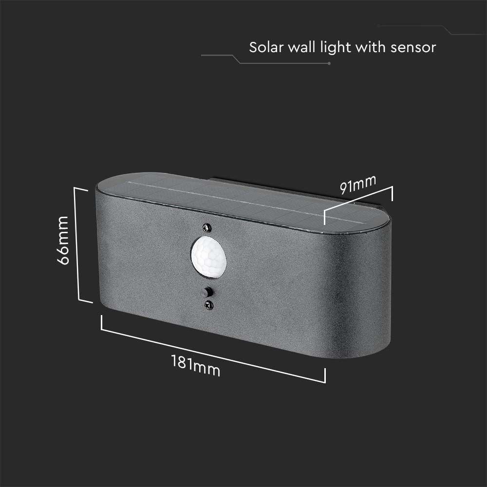 2.5W Lampa ścienna LED SMD solarna z czujnikiem PIR, Barwa: 3000K     , VTAC, SKU 23017