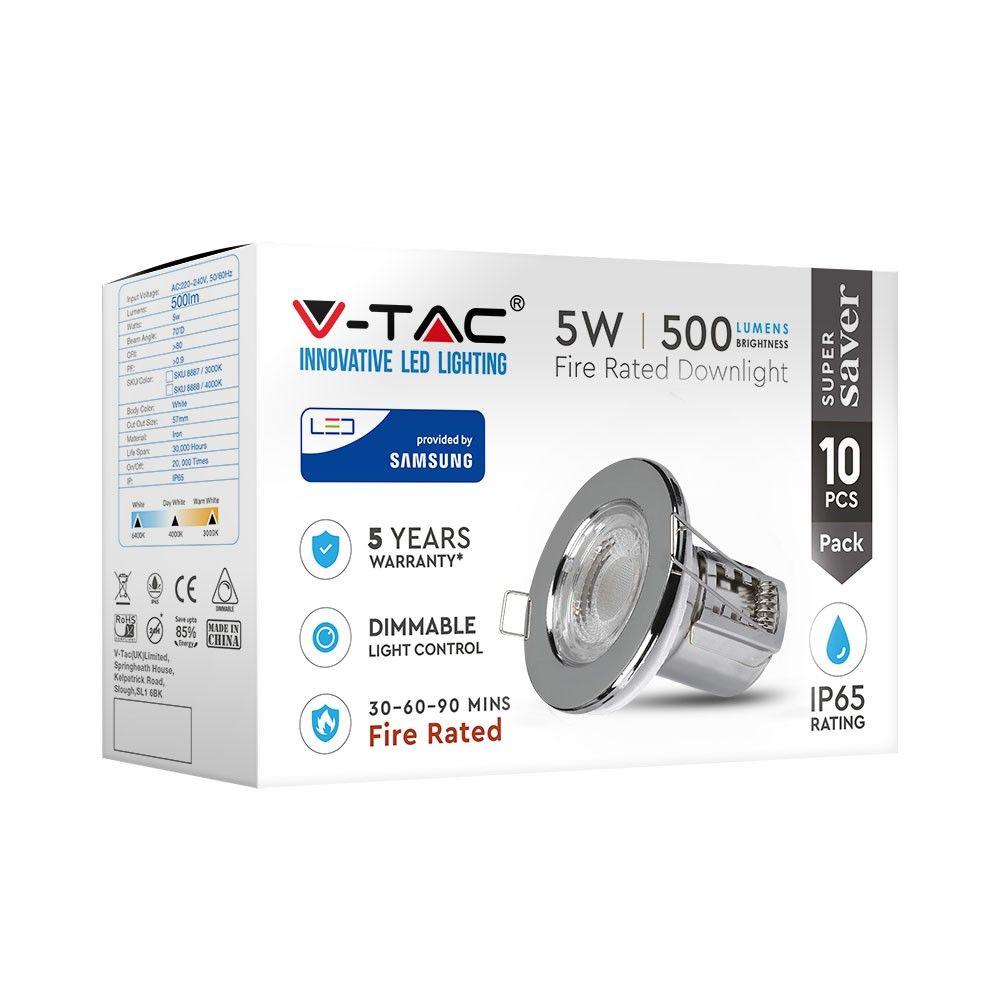 VT-885 5W SPOTLIGHT FIRERATED FITTING SAMSUNG CHIP 4000K -CHROME 10PCS/PACK DIMMABLE