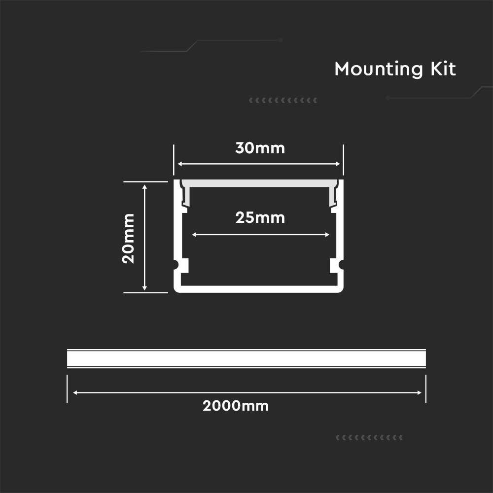 Profil Aluminiowy do paska LED wielkogabarytowy na powierzchniowy, 2000mmx30x20mm, Klosz: Mleczny, Kolor: Aluminium, VTAC, SKU 3371