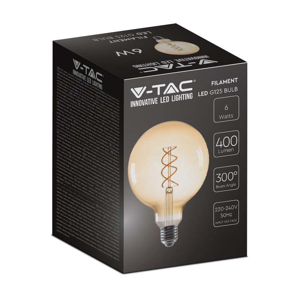 6W G125 Żarówka LED Filament 2xSpieral, Klosz Bursztynowy, Barwa:1800K, Trzonek:E27, VTAC, SKU 217328