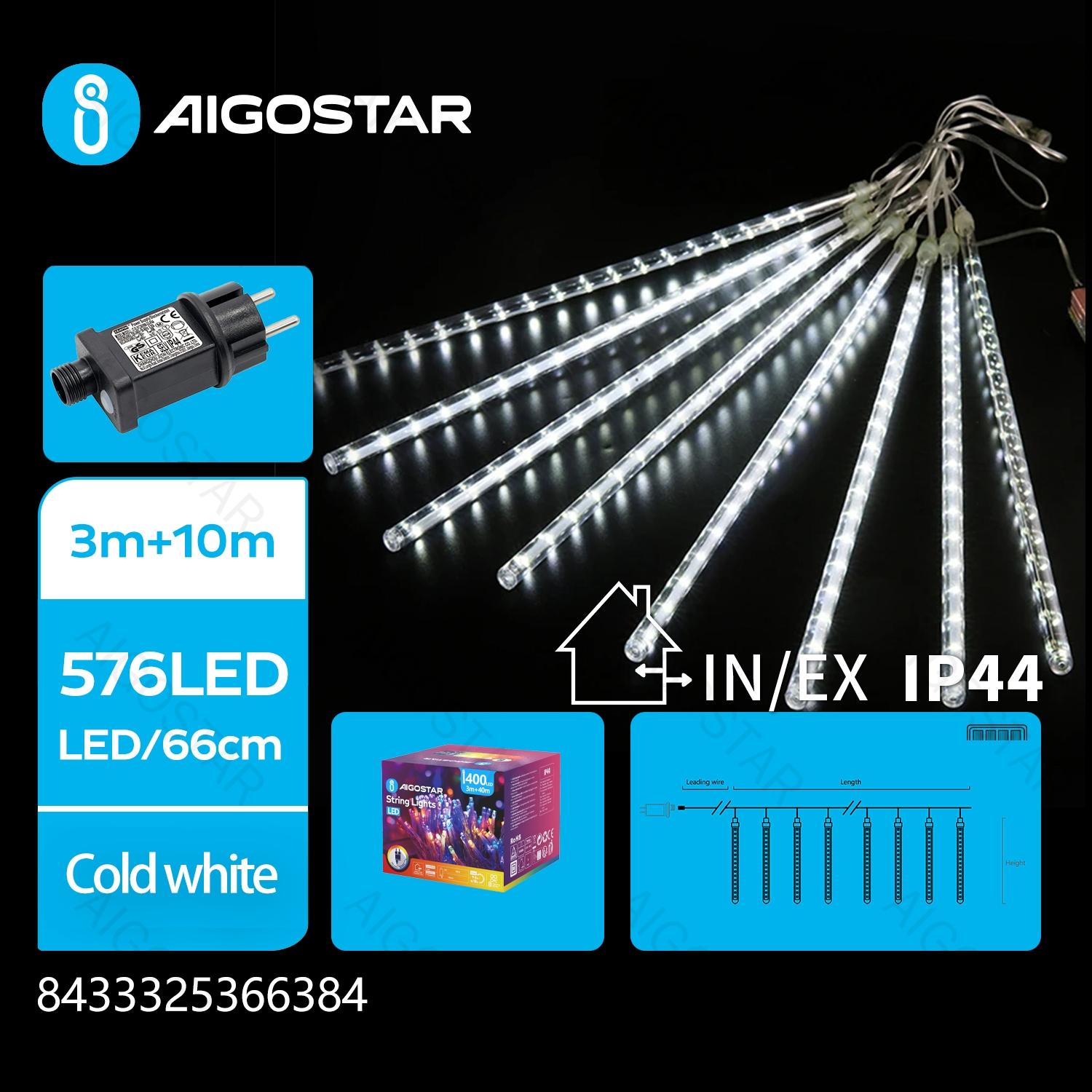 Low Voltage Meteor Shower String Lights 50cm-Cool White-3M+10M-576LED-16strings-transparent wire-Time+IP44