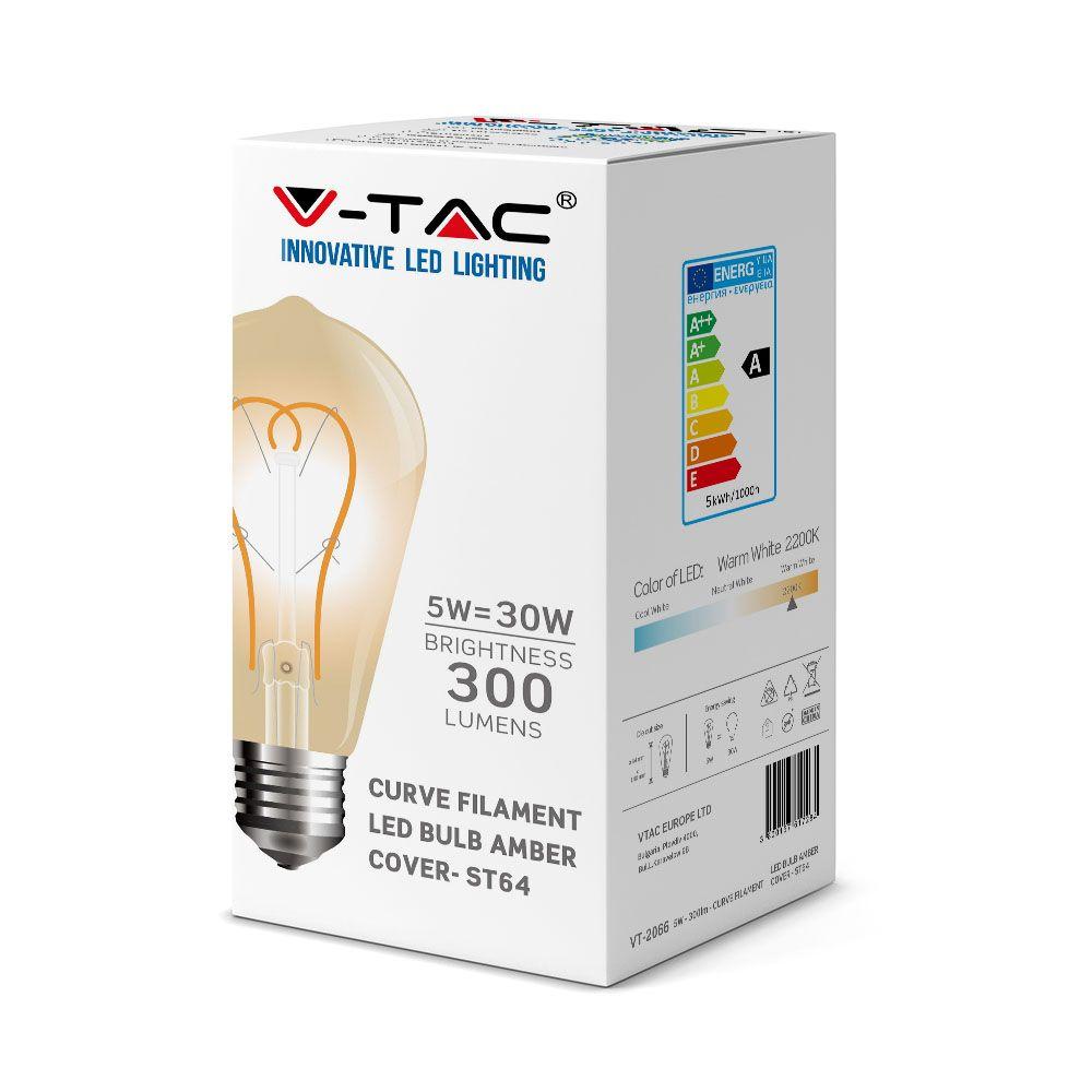 5W ST64 Żarówka LED Filament-Deko, Barwa:2200K, Klosz: Bursztynowy, Trzonek: E27, VTAC, SKU 7220