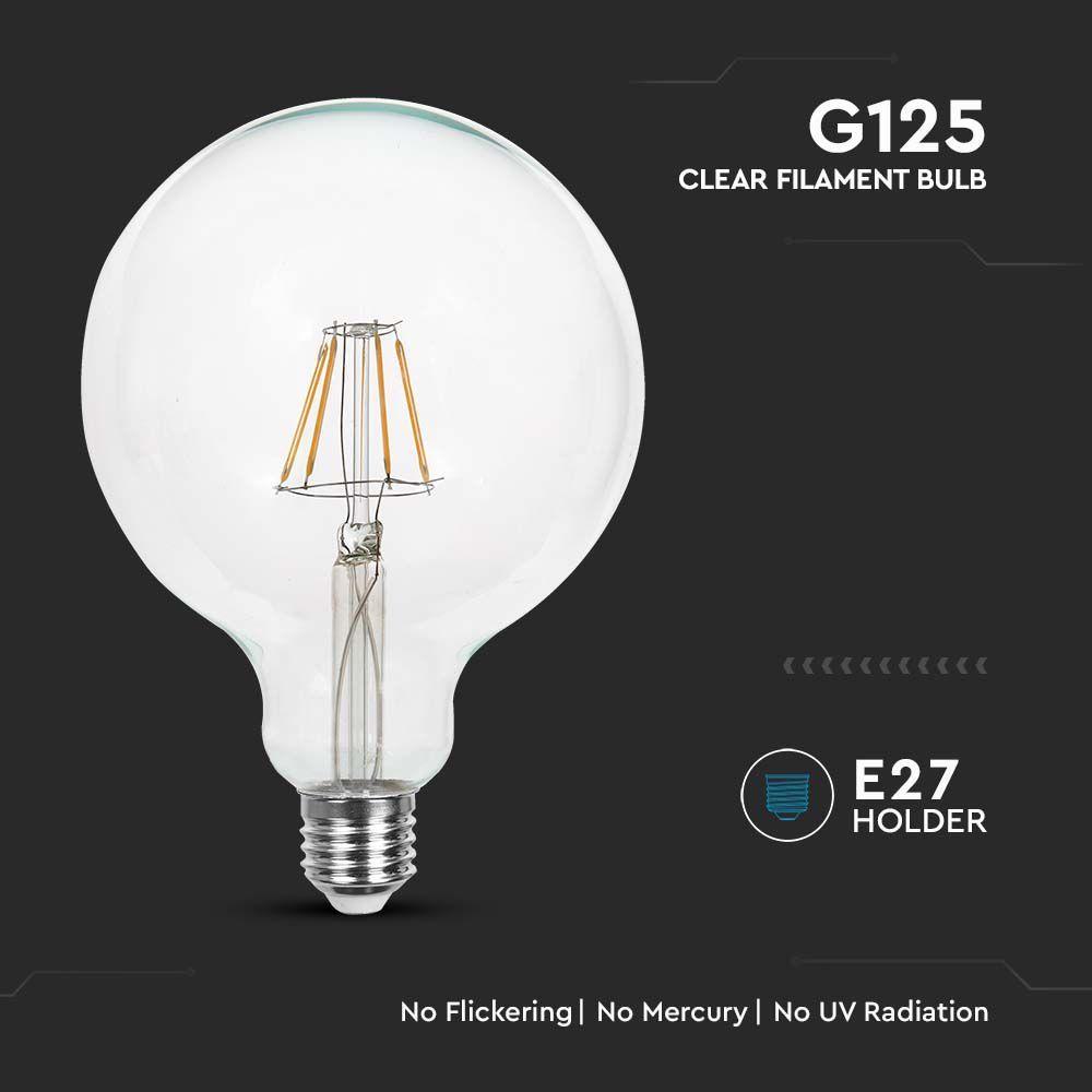 10W G125 Żarówka LED Filament, Klosz Transparentny, Barwa:4000K, Trzonek:E27, VTAC, SKU 214423