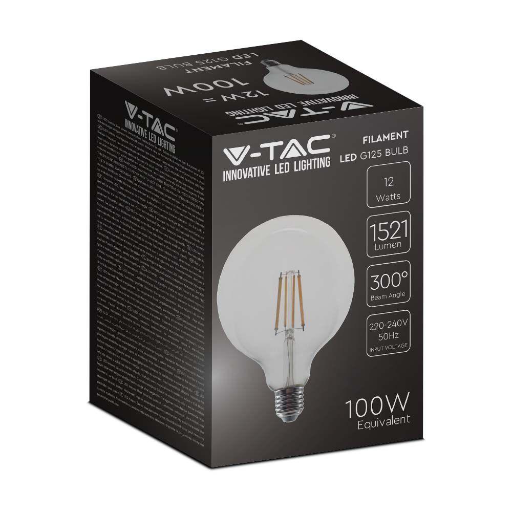 12W G125 Żarówka LED Filament, Klosz Transparentny, Barwa:3000K, Trzonek:E27, VTAC, SKU 217453