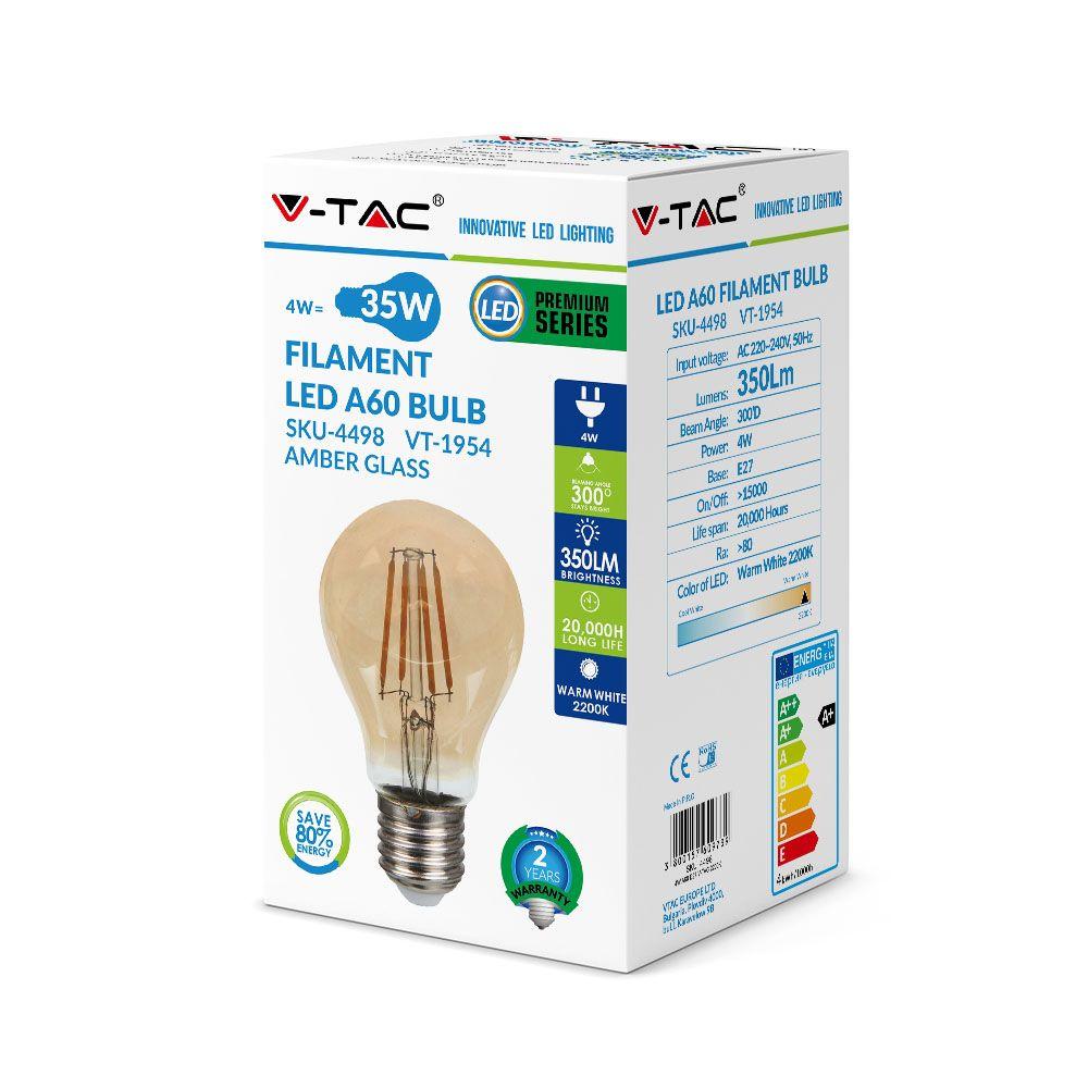 4W A60 Żarówka LED Filament, Klosz: Bursztynowy, Barwa:2200K, Trzonek:E27, VTAC, SKU 4498