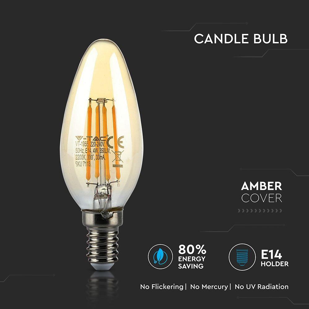 4W C35 Żarówka LED Filament, Klosz: Bursztynowy, Barwa:2200K, Trzonek:E14, VTAC, SKU 7113