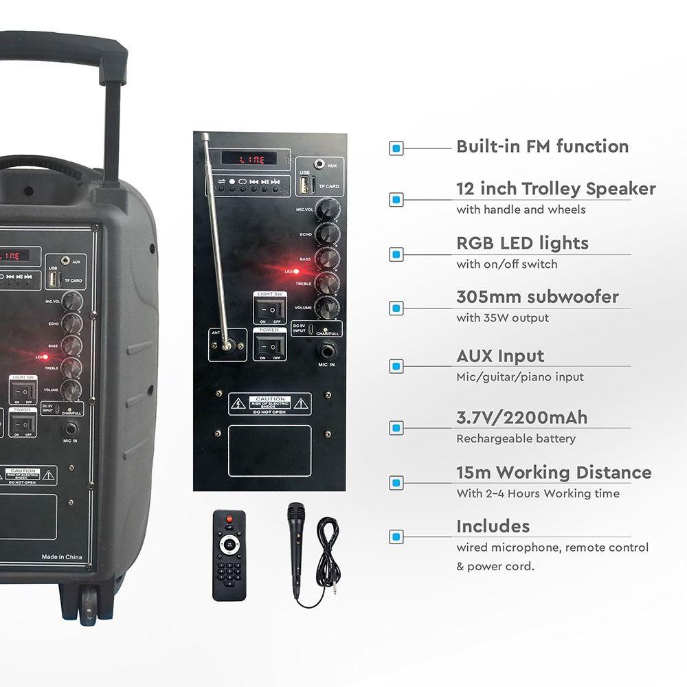 VT-6212 35W RECHARGEABLE TROLLEY SPEAKER WITH WIRED MICROPHONE-RF-RGB (12inch)