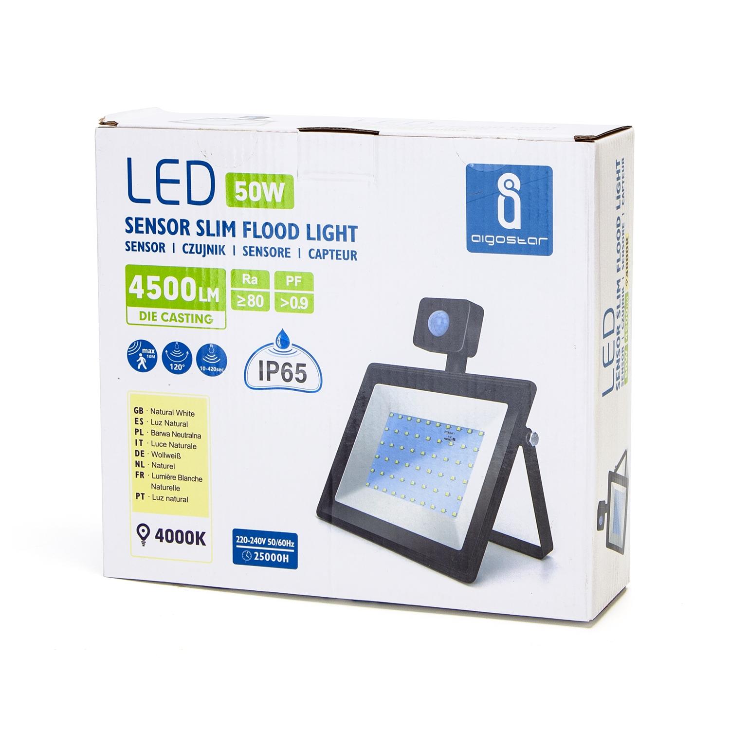 LED Ultracienki reflektor z czujnikiem czarny 50W (Odlewanie ciśnieniowe) (50W,4000K,IP65)