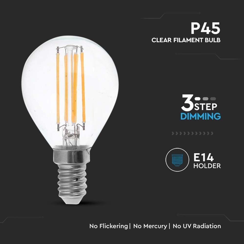 4W P45 Żarówka LED Filament, Barwa:3000K, Ściemniana - 3 stopnie, Trzonek:E14, VTAC, SKU 6846