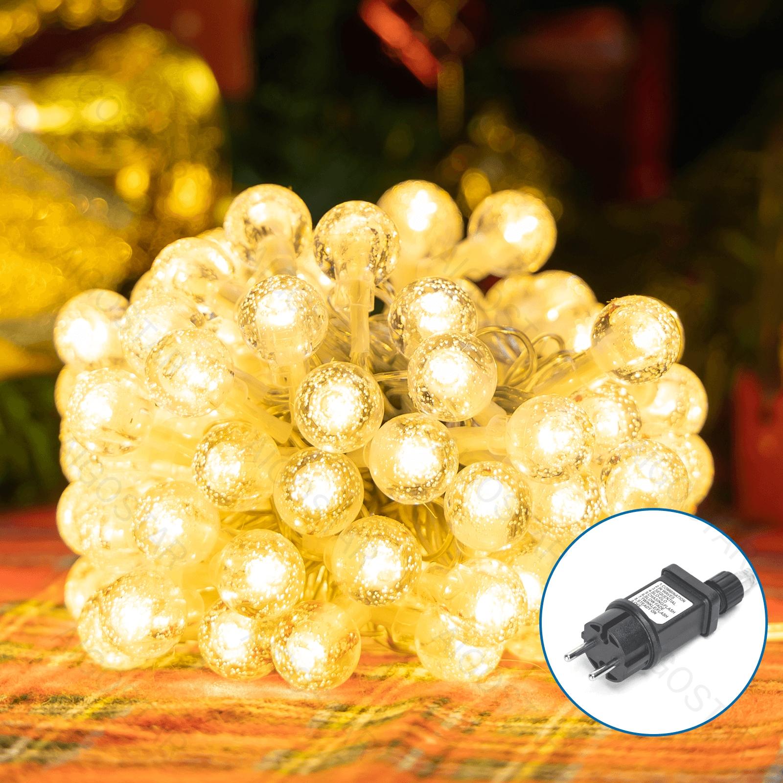 Low Voltage Bubble String Lights-Warm White-3M+10M-100LED-10CM/LED-transparent wire-8blink+time+IP44