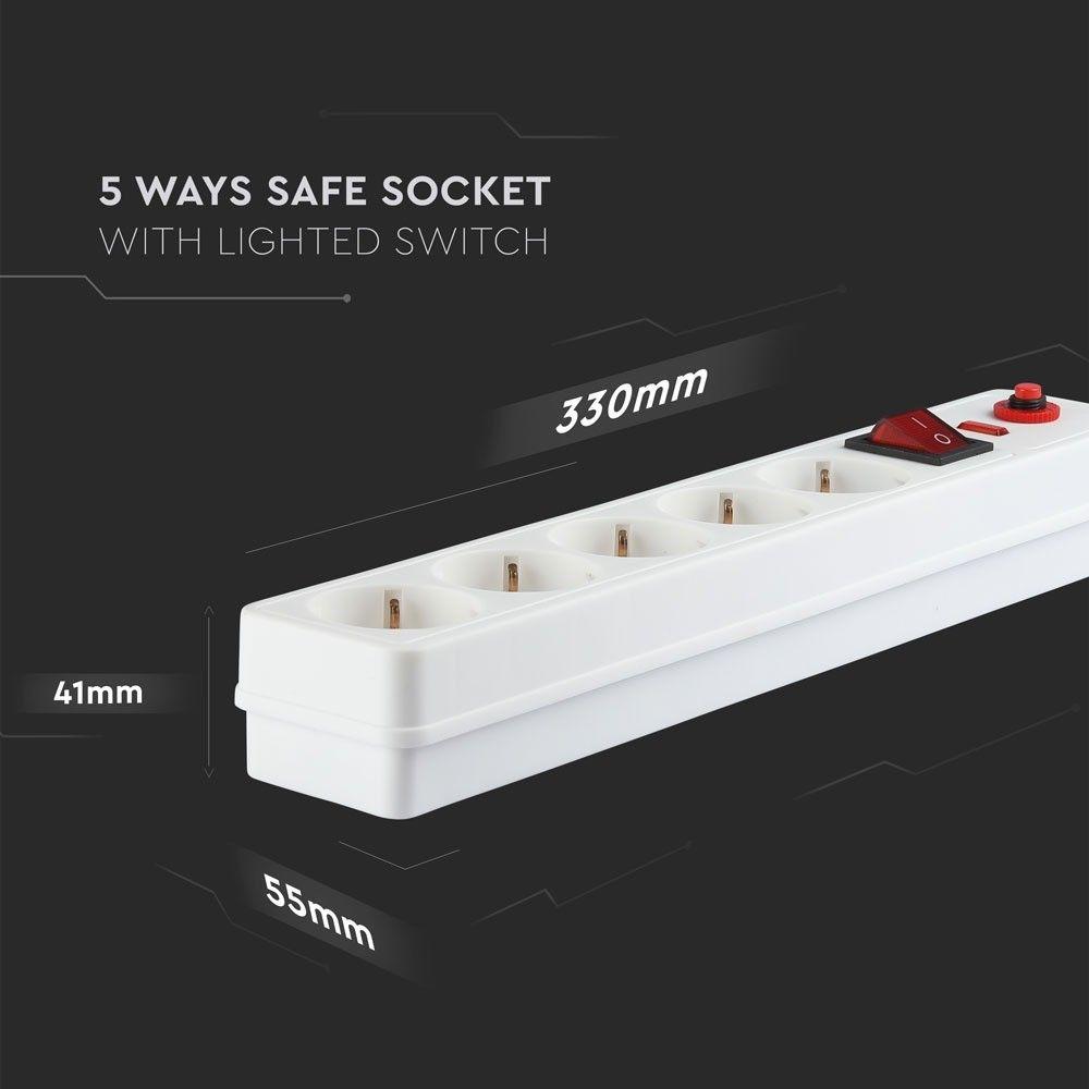 Housing strip with switch and fuse 5 GN., 3x1.5 X 1.4M, White, VTAC, SKU 8818