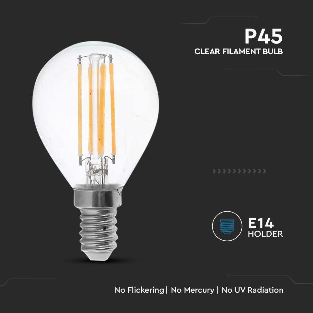 4W P45 Żarówka LED Filament, Klosz Transparentny, Barwa:3000K, Trzonek:E14, VTAC, SKU 214300