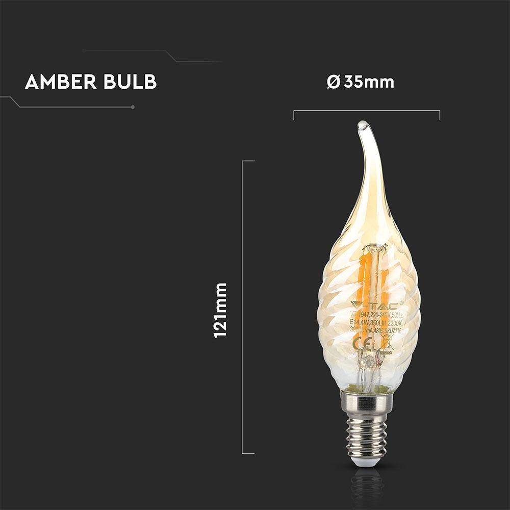 4W C35 Żarówka LED Filament, Klosz: Bursztynowy kręcony płomyk, Barwa:2200K, Trzonek:E14, VTAC, SKU 7116