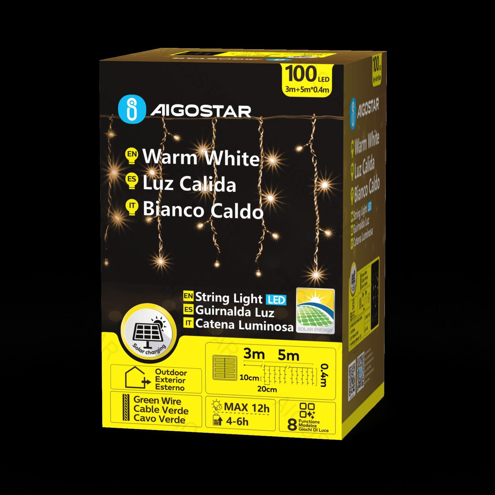 Solar icicle (flush) flat string lights, warm white, 3m+5m*0.4m