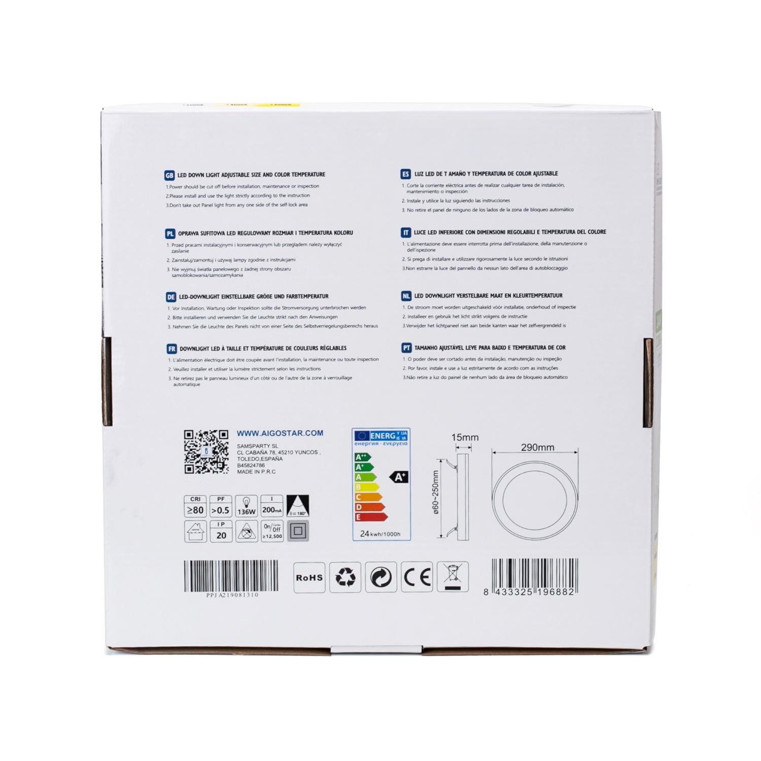 Downlight okrągły LED E6 24W Regulowana wielkość i temperatura koloru (24W,3000K/4000K/6000K,2200lm)