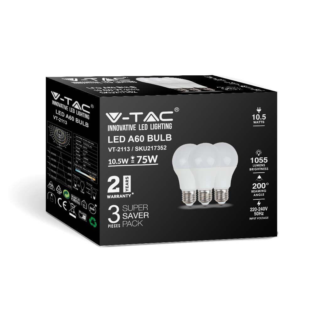 10.5W A60 Żarówka LED, Barwa:3000K, Trzonek:E27, Opakowanie: 3szt., VTAC, SKU 217352