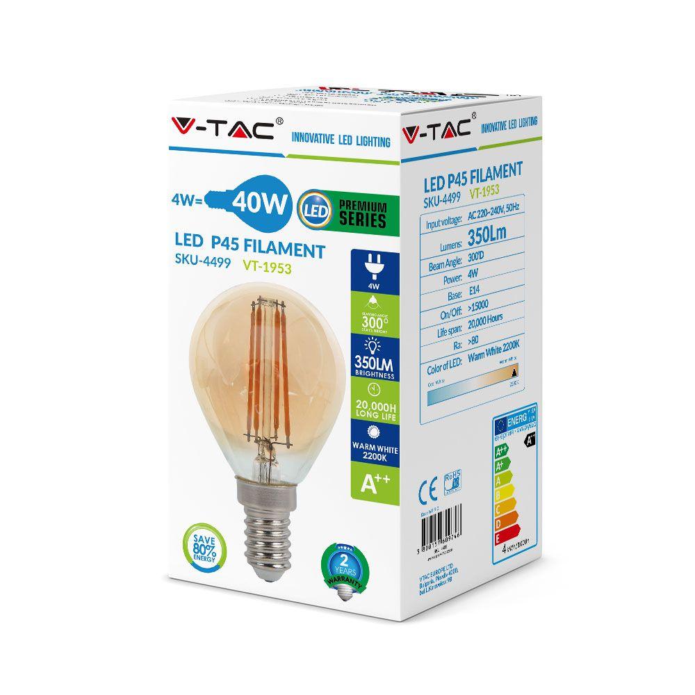 4W P45 Żarówka LED Filament, Klosz Bursztynowy, Barwa:2200K, Trzonek:E14, VTAC, SKU 4499