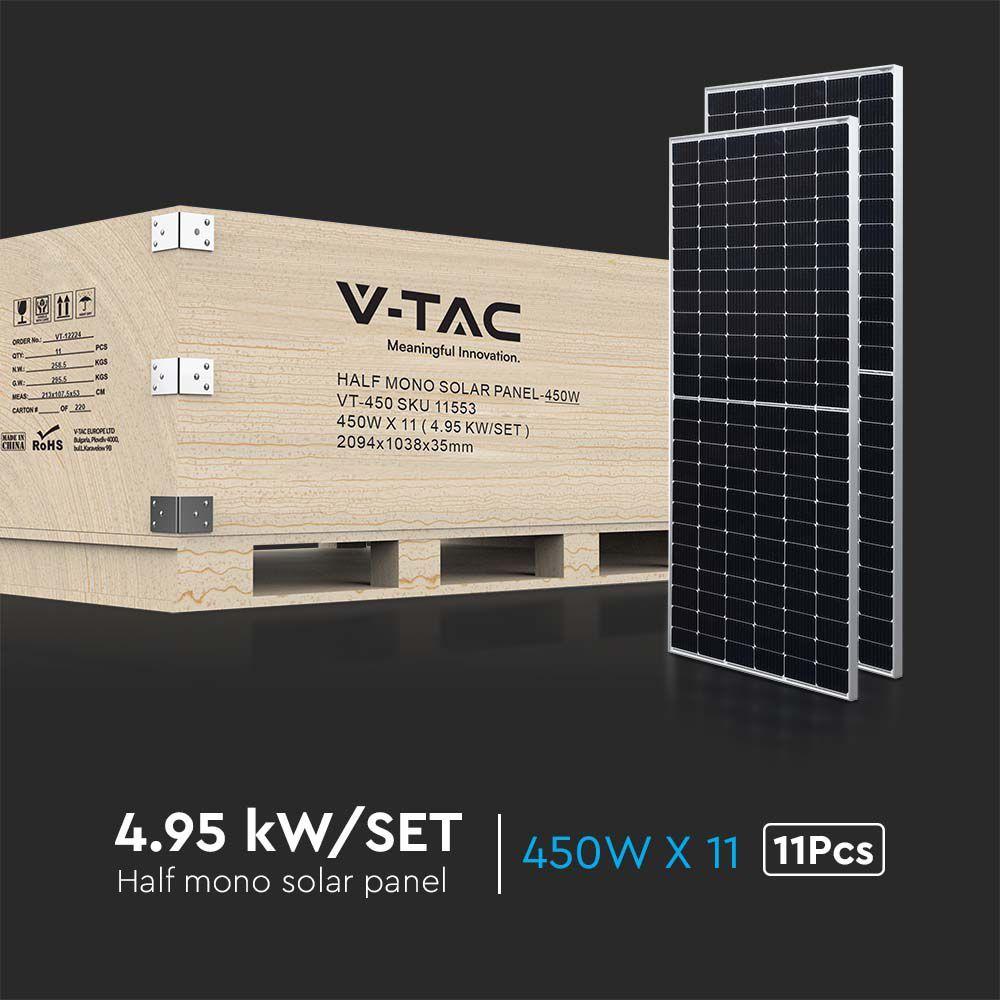 DEDYKOWANY ZESTAW PANELI FOTOWOLTAICZNYCH O MOCY (4,95 kW) PANEL VT-450 O MOCY 450kWP x 11 SZT, MONO KRYSTALICZNY, HALF CUT, W RAMIE ALUMINIOWEJ, KABEL 0,55CM 4mm², WYMIARY (D:2094*1038*35MM), VTAC, SKU 11553