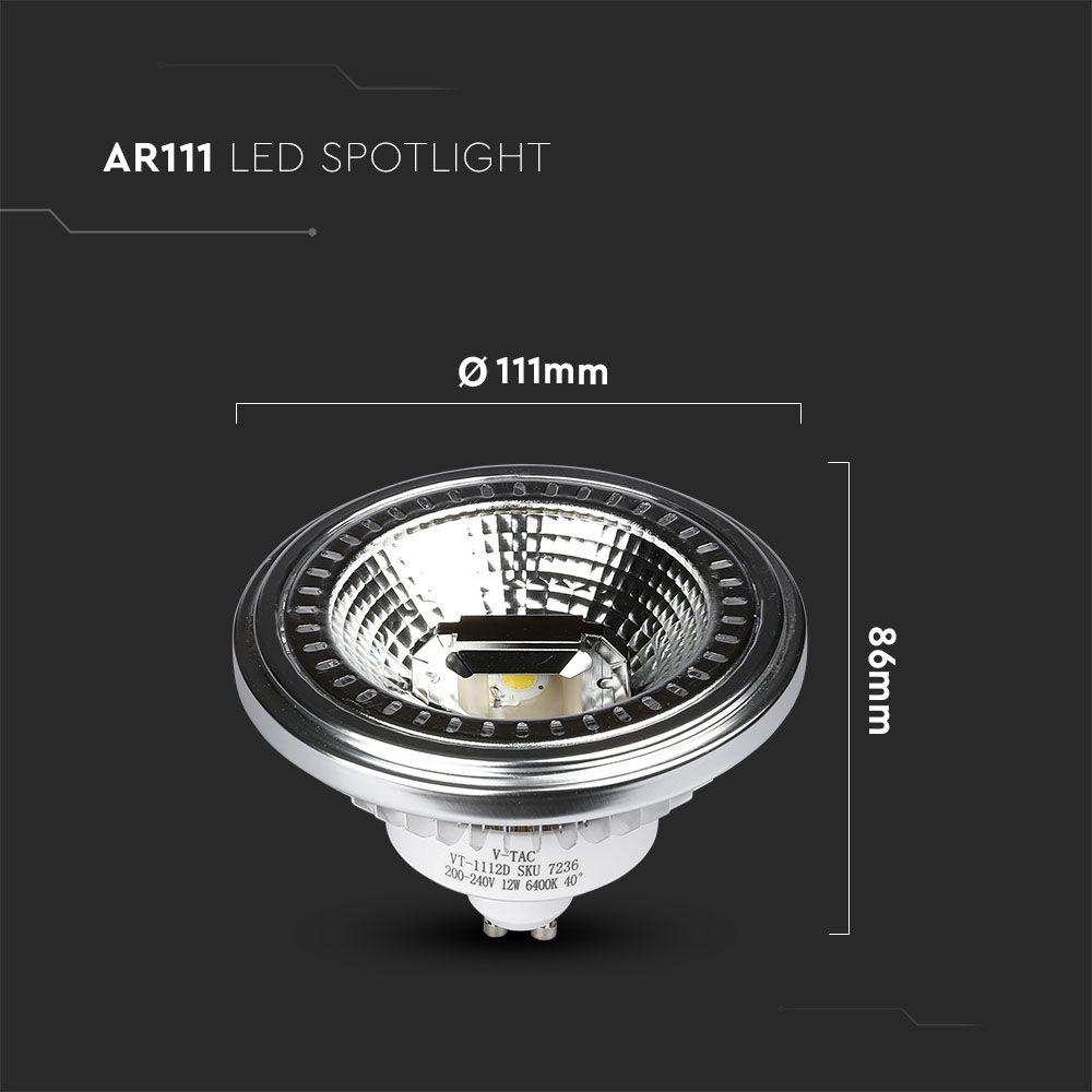 12W AR111 LED SPOTLIGHT, Barwa:6400K, Trzonek:GU10, Ściemniana, VTAC, SKU 7236